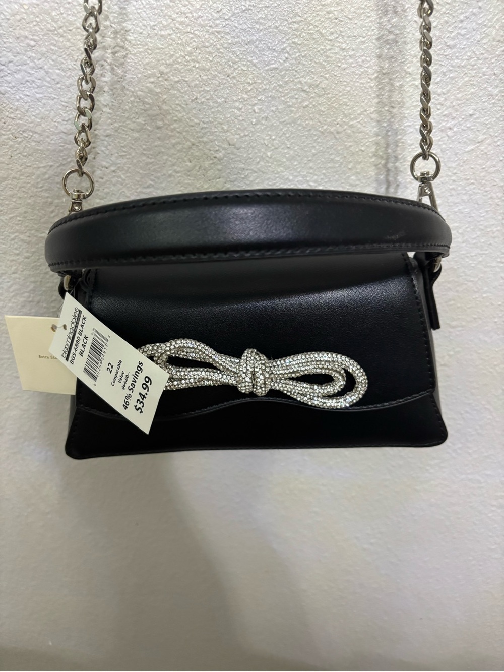 NWT- Bloomingdale's Black Crossbody Bag with Rhinestone Bow Accent